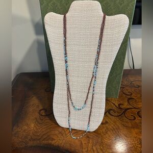 My Style Brown and Blue Beaded Long wrap Necklace, with pink bead earrings